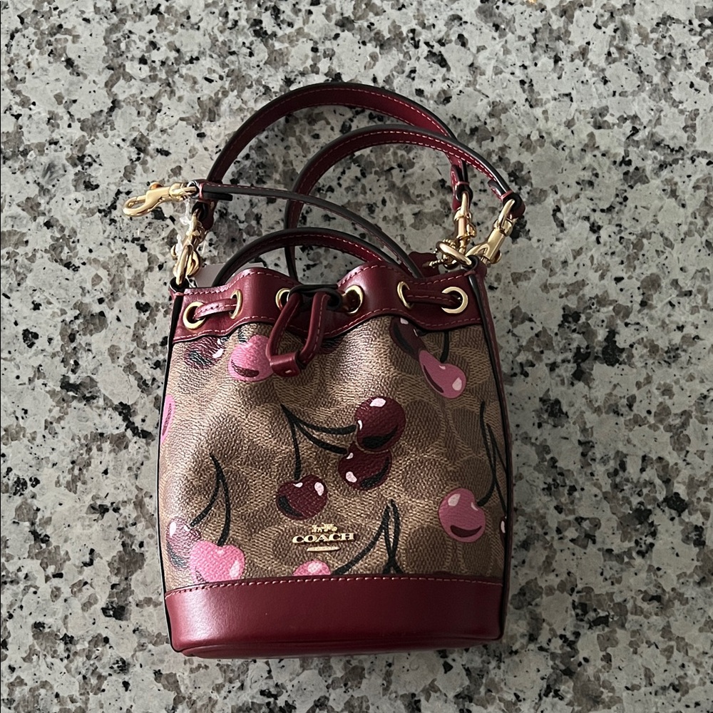 NWT Coach Mini Bucket Bag In Signature Canvas With Cherry Print